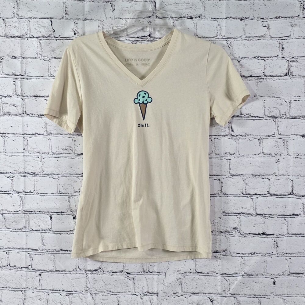 Life Is Good Women's Small Cream Colored Chill Ice Cream Cone V-Neck T-Shirt